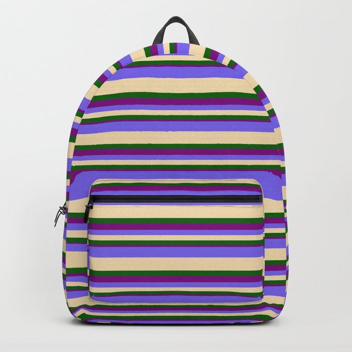 Medium Slate Blue, Tan, Dark Green & Purple Colored Pattern of Stripes Backpack