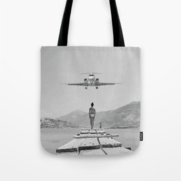 Steady As She Goes; aircraft coming in for an island landing black and white photography- photographs Tote Bag