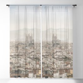 Spain Photography - Overview Over Barcelona Under The Gray Sky Sheer Curtain