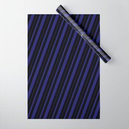 [ Thumbnail: Black & Midnight Blue Colored Striped Pattern Wrapping Paper ]