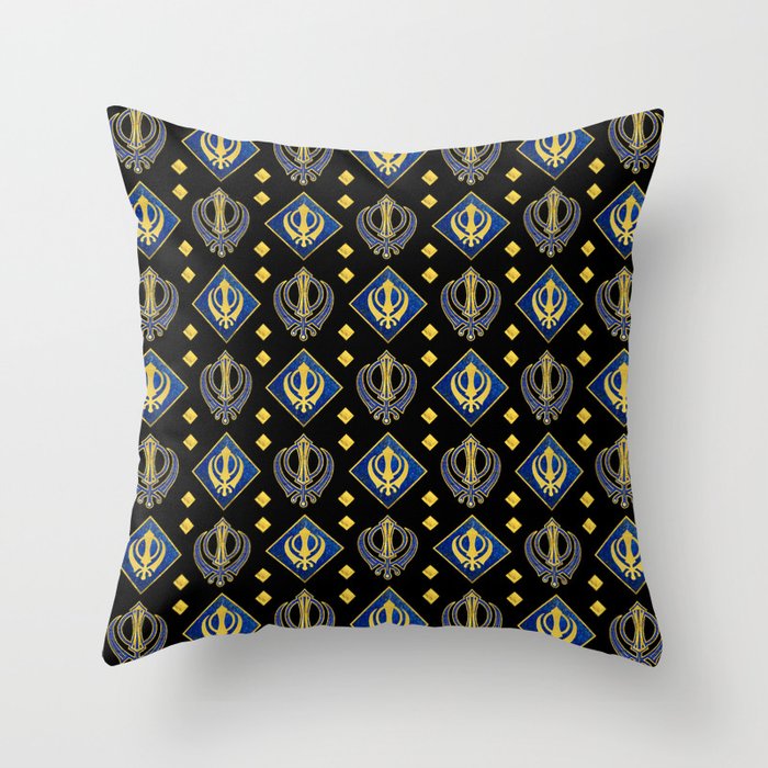 Gold and Lapis Lazuli Khanda symbol pattern Throw Pillow