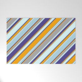 [ Thumbnail: Eyecatching Dark Slate Blue, Orange, Dark Gray, Light Cyan, and Light Blue Colored Stripes Pattern Welcome Mat ]