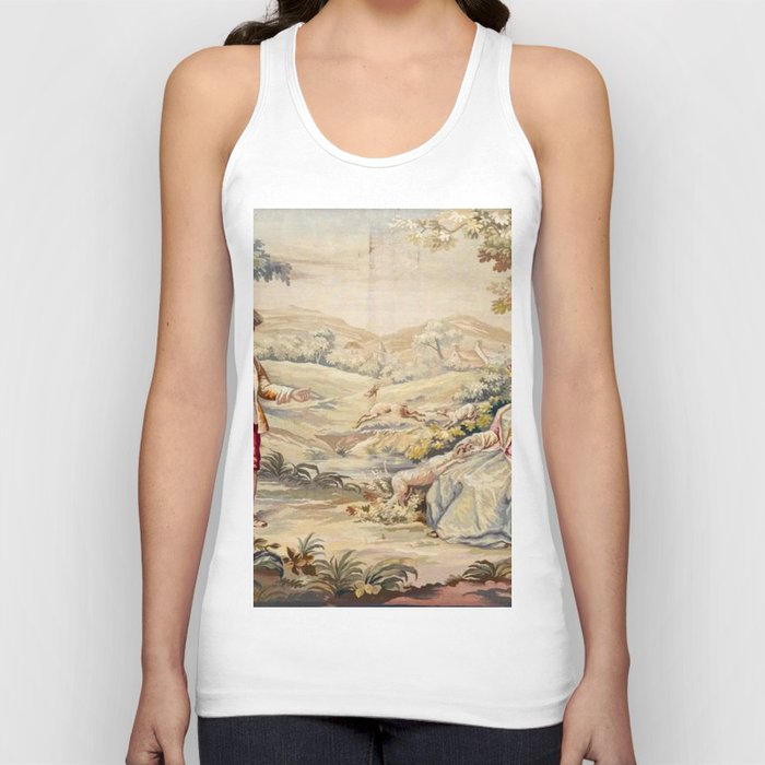 Antique 19th Century French Aubusson Tapestry Romantic Hunting Scene Tank Top
