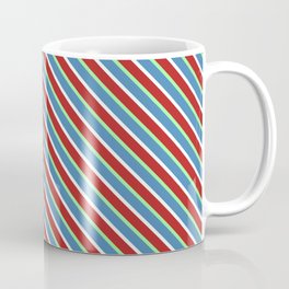 [ Thumbnail: Blue, Mint Cream, Red, and Green Colored Stripes/Lines Pattern Coffee Mug ]