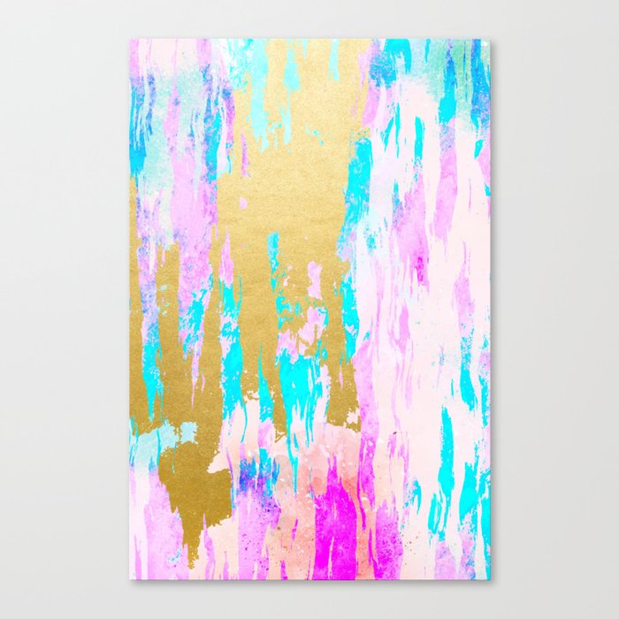 Meraki, Abstract Gold Painting, Colorful Graphic Design, Golden Pink Blue Eclectic Luxe Illustration Canvas Print