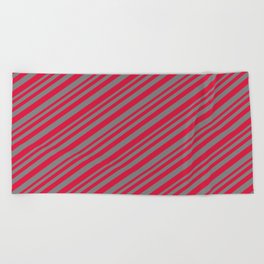 [ Thumbnail: Crimson and Gray Colored Lined Pattern Beach Towel ]