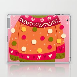 Cute vibrant hand drawn sweater with winter decoration and pom-poms. Colorful holiday vector illustration. Laptop Skin