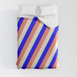[ Thumbnail: Blue, Salmon & Beige Colored Stripes/Lines Pattern Duvet Cover ]