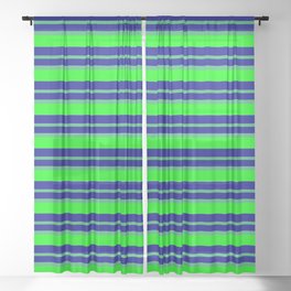 [ Thumbnail: Dark Blue, Sea Green & Lime Colored Lined/Striped Pattern Sheer Curtain ]