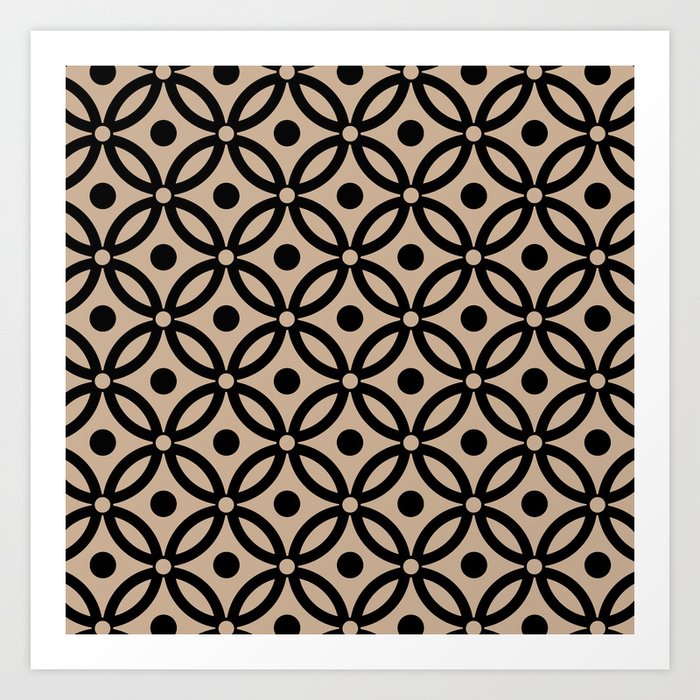 Classic Intertwined Ring and Dot Pattern 623 Black and Tan Art Print