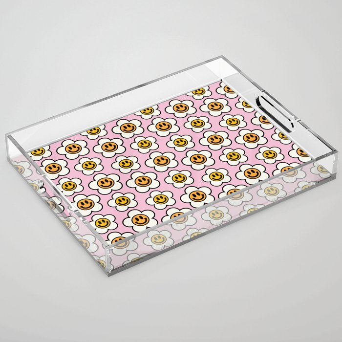 Bold And Funky Flower Smileys Pattern (Pink BG) Acrylic Tray