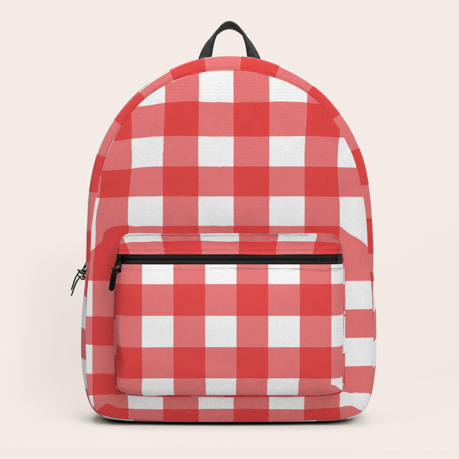 red and white checkered backpack