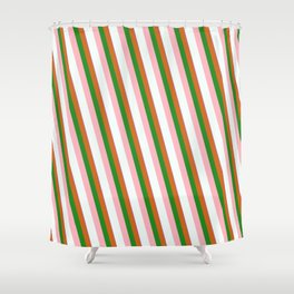 [ Thumbnail: Orchid, Chocolate, Forest Green, Light Pink & Mint Cream Colored Striped/Lined Pattern Shower Curtain ]