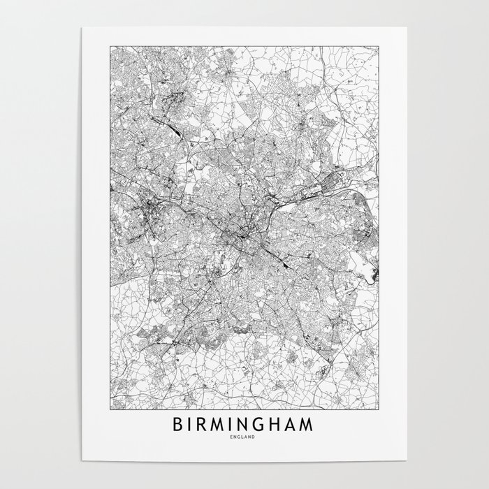 Birmingham, England White Map Poster