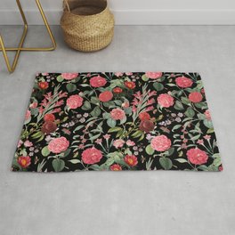  Blooming Pink Flowers Night Garden - Vintage Botanical illustration collage on the  black backgound Area & Throw Rug