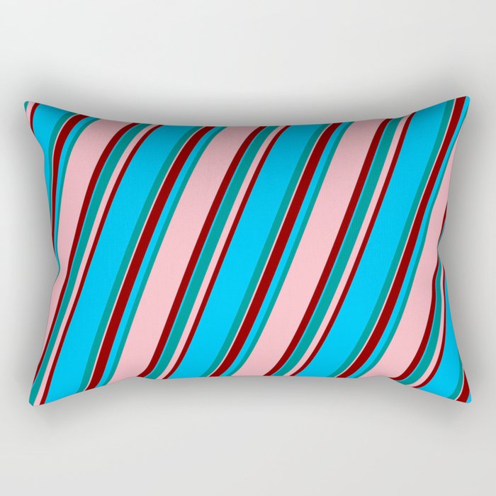 Dark Cyan, Light Pink, Maroon & Deep Sky Blue Colored Lined Pattern Rectangular Pillow