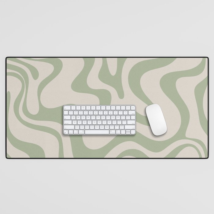Liquid Swirl Modern Abstract Pattern in Beige and Sage Green Desk Mat