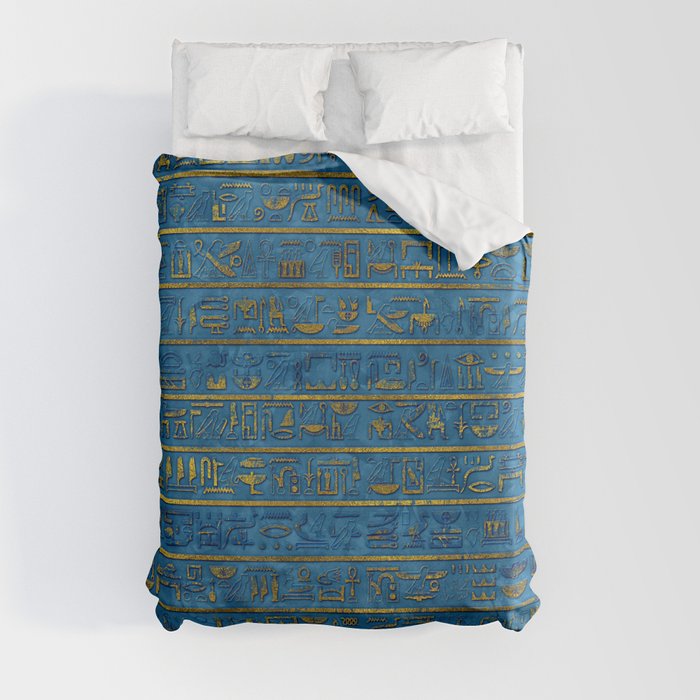 Golden Embossed Egyptian hieroglyphs on blue Duvet Cover