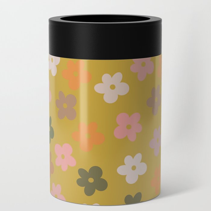 Retro Floral Daisies on Repeat - Golden Yellow Maize Green Pink Orange White Can Cooler