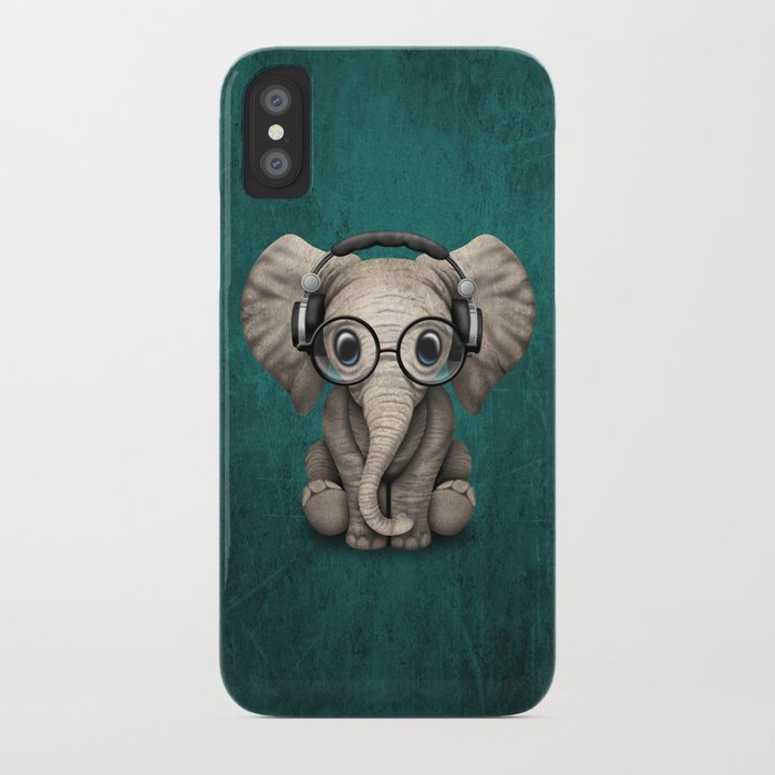 cute baby elephant dj wearing headphones and glasses on blue iphone case