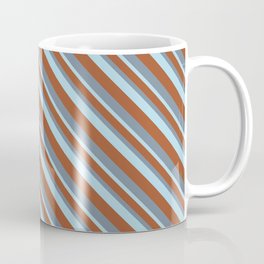 [ Thumbnail: Sienna, Light Slate Gray & Light Blue Colored Lines/Stripes Pattern Coffee Mug ]