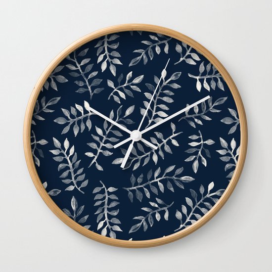 White Leaves on Navy - a hand painted pattern Wall Clock