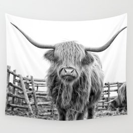 Highland Cow in a Fence Black and White Wall Tapestry