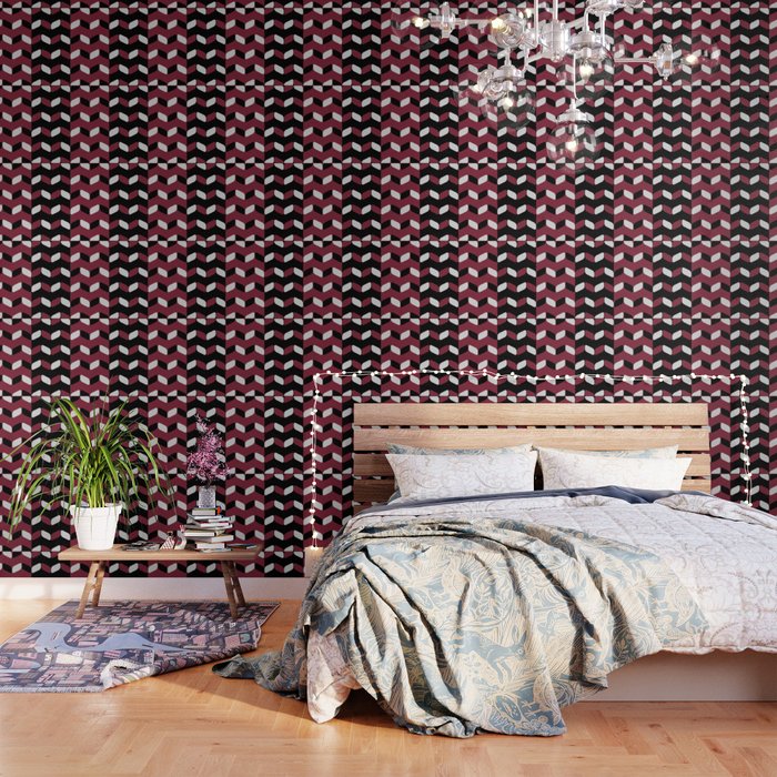 Vintage Diagonal Rectangles Black White Burgundy Wallpaper