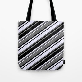 [ Thumbnail: Dim Gray, Black & Lavender Colored Stripes Pattern Tote Bag ]