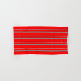 [ Thumbnail: Red & Gray Colored Pattern of Stripes Hand & Bath Towel ]
