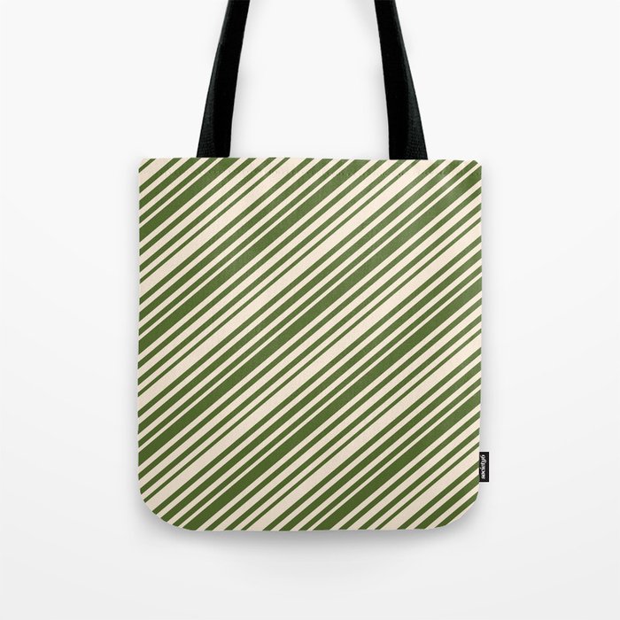 Beige & Dark Olive Green Colored Pattern of Stripes Tote Bag