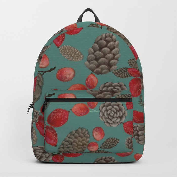 Red Berry x Pinecone pattern light green Backpack