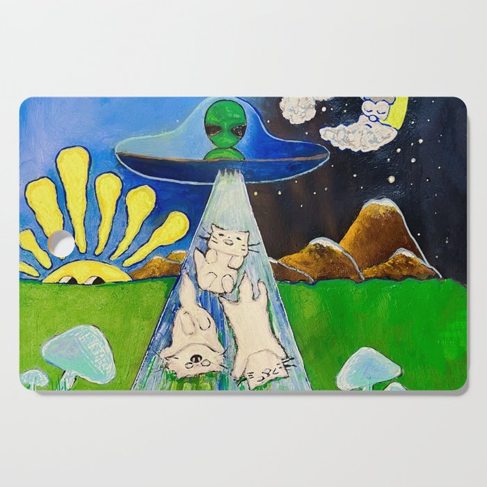 Alien abduction kitty cat trippy psychedelic sun and moon cartoon Cutting Board
