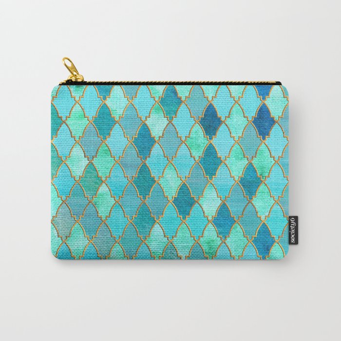 Aqua Teal Mint and Gold Oriental Moroccan Tile pattern Carry-All Pouch