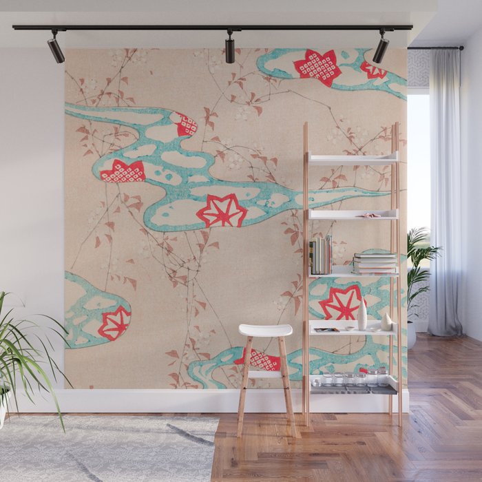 Leaves on Water Abstract Vintage Japanese Retro Pattern Wall Mural