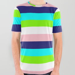 [ Thumbnail: Pink, Midnight Blue, Cyan, Chartreuse, and White Colored Lined/Striped Pattern All Over Graphic Tee ]
