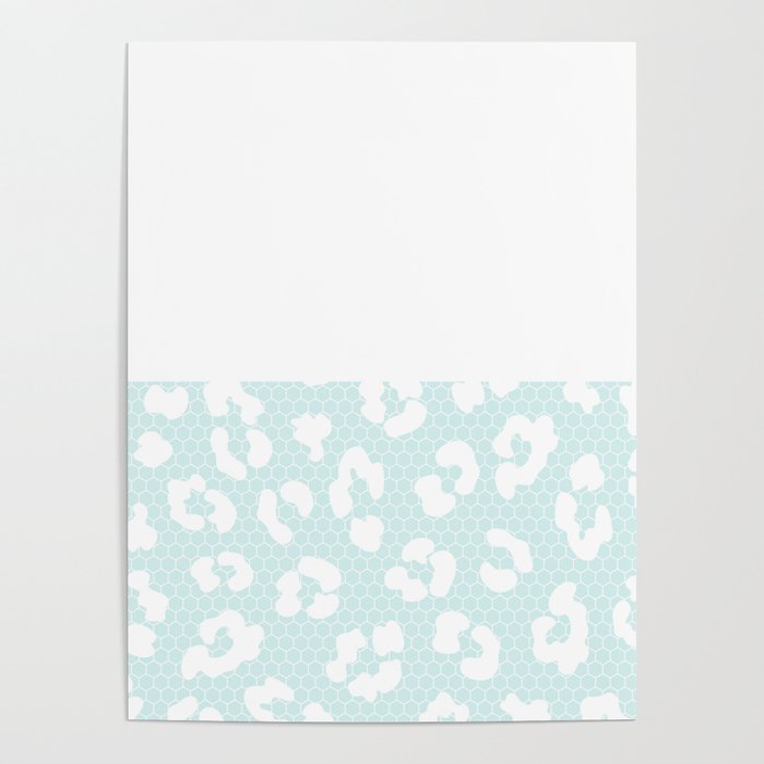White Leopard Print Lace Horizontal Split on Pastel Sky Blue Poster