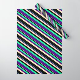 [ Thumbnail: Green, Indigo, Beige, and Black Colored Striped Pattern Wrapping Paper ]