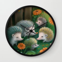 Whimsical Hedgehog Family Reunion in Country Garden Wall Clock