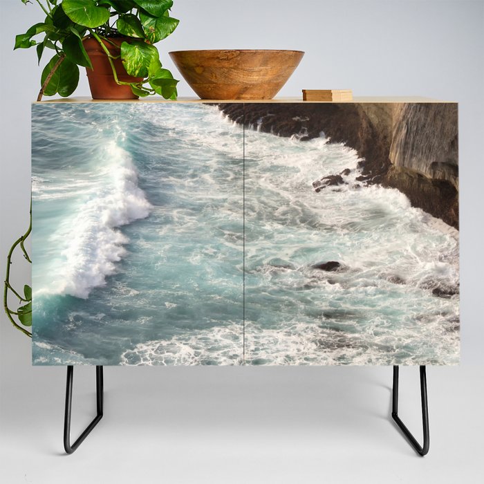 Foamy Ocean Waves At The Cliff Side Credenza