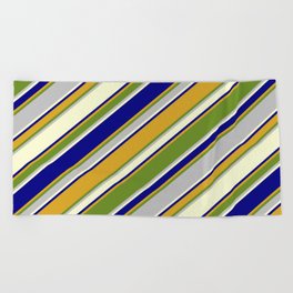 [ Thumbnail: Eyecatching Blue, Goldenrod, Green, Grey & Light Yellow Colored Pattern of Stripes Beach Towel ]
