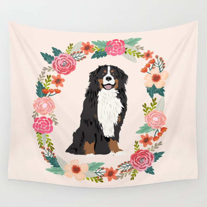 bernese mountain dog floral wreath dog gifts pet portraits Wall Tapestry