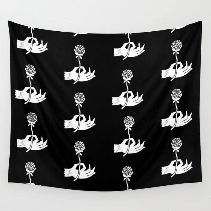 Linocut hand with flower rose minimal black and white decor dorm