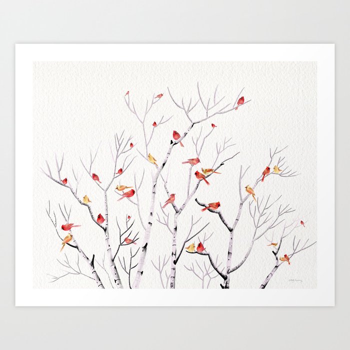 Birch Trees and Cardinal 2  Art Print