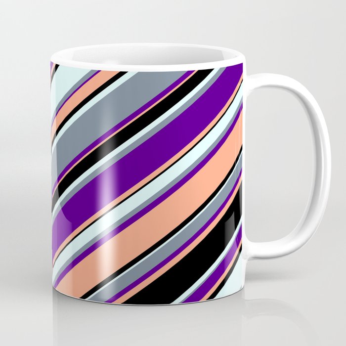 Eyecatching Indigo, Light Salmon, Black, Light Cyan & Slate Gray Colored Stripes Pattern Coffee Mug