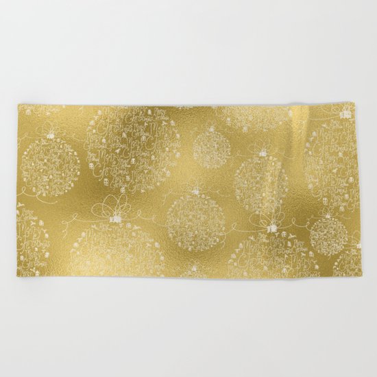 Merry christmas- christmas balls on gold pattern Beach Towel