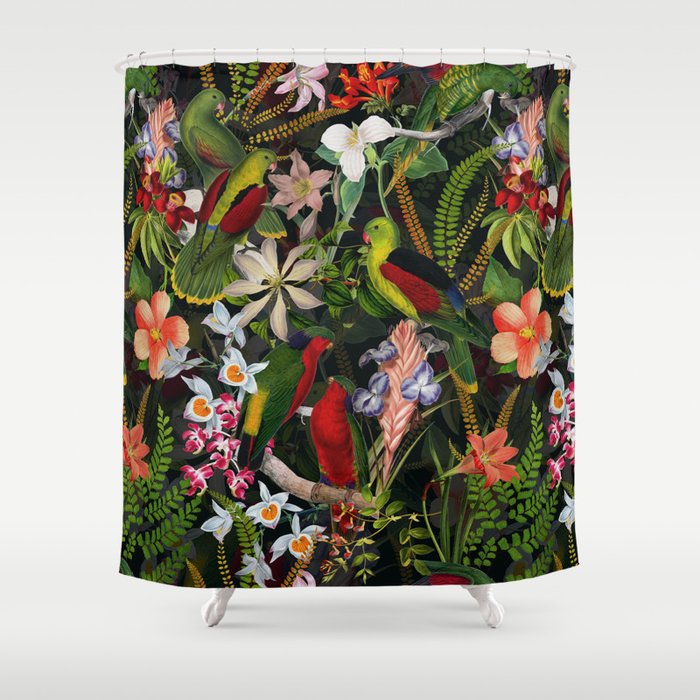 Vintage & Shabby Chic - Black Tropical Parrot Night Garden Shower Curtain