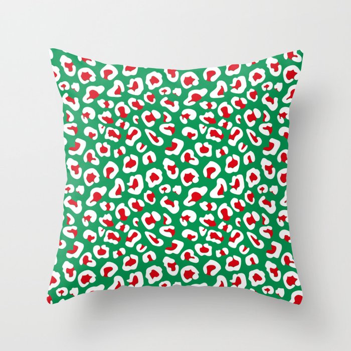 Christmas Leopard Print White and Red on Green Throw Pillow