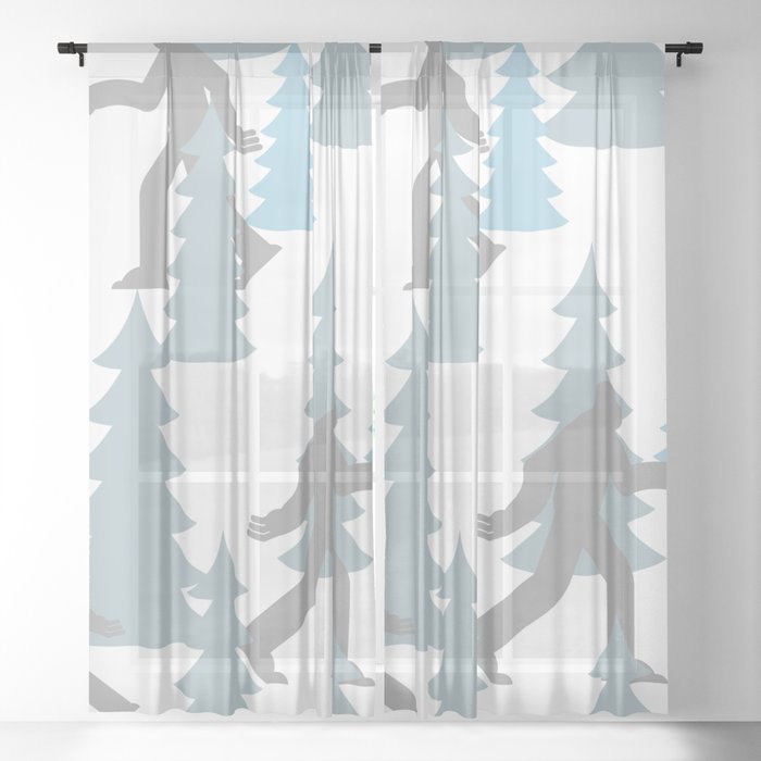 Pastel Blue Grey Winter Forest Yeti sasquatch silhouette  Abominable Snowman BigFoot  Sheer Curtain
