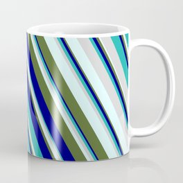 [ Thumbnail: Blue, Light Sea Green, Light Gray, Light Cyan & Dark Olive Green Colored Pattern of Stripes Coffee Mug ]